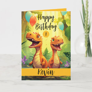 Cute Black and Orange Trex Balloon 1st Birthday Card