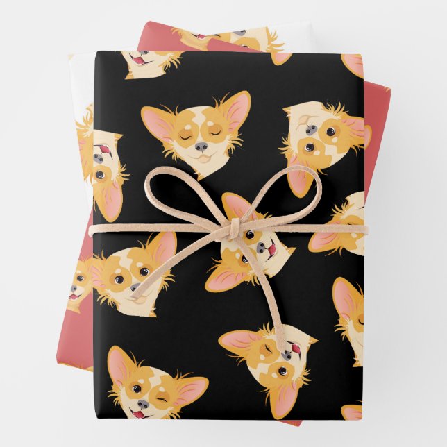 Cute Black and Pink Chihuahua Pattern  Wrapping Paper Sheet (In situ)