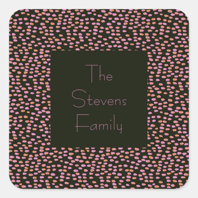 Cute Black and Pink Dot Pattern Personalised Name Square Sticker (Front)