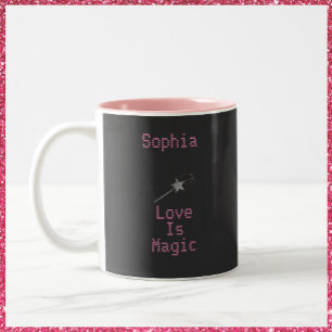 Cute Black and Pink Love Is Magic Two-Tone Coffee Mug