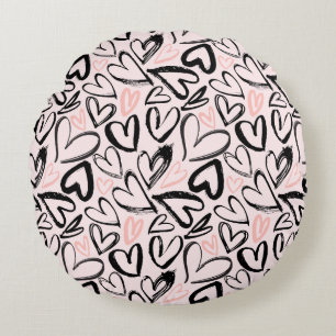 Cute black and pink valentines day hearts round cushion
