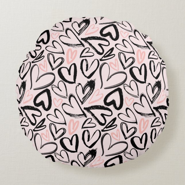 Cute black and pink valentines day hearts round cushion (Front)