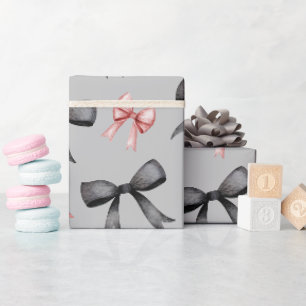 Cute Black And Pink Watercolor Bow Pattern Grey Wrapping Paper