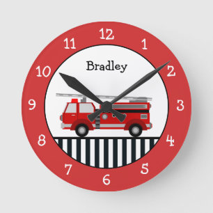 Cute Black and Red Fire Truck Personalised Round C Clock