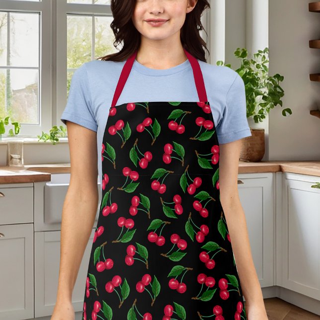 Cute Black And Red Watercolor Cherries Apron (Creator Uploaded)