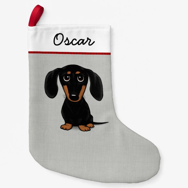 Cute Black and Tan Dachshund Cartoon Wiener Dog Small Christmas Stocking (Front)