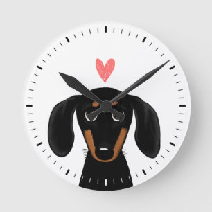 Cute Black and Tan Dachshund with Heart Round Clock