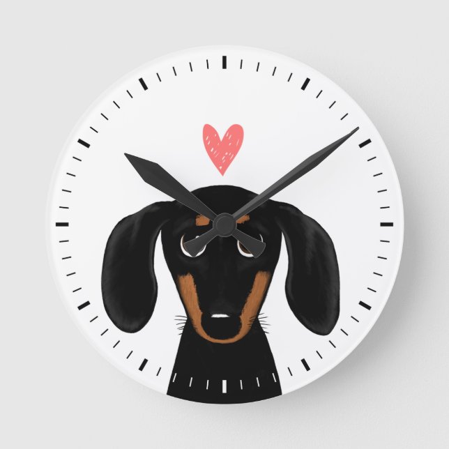 Cute Black and Tan Dachshund with Heart Round Clock (Front)