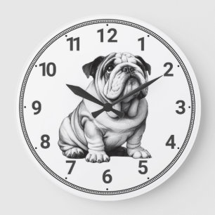 Cute black and white bulldog sketch large clock