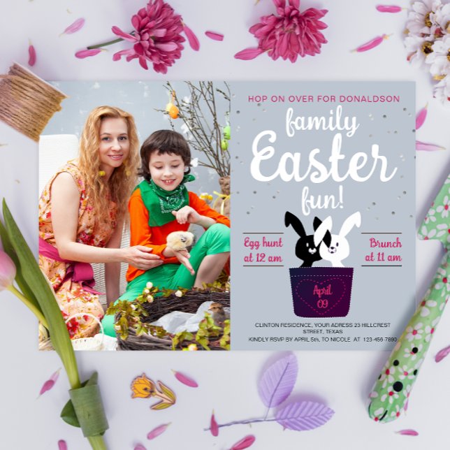 Cute Black And White Bunnies Easter Party Photo Invitation (Creator Uploaded)