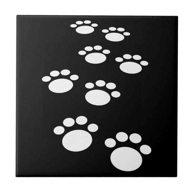 Cute Black And White Cartoon Pet Paw Trail  Tile (Front)