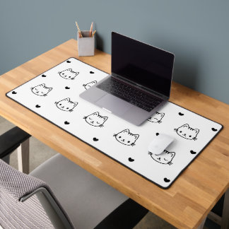 Cute Black and White Cat and Heart Pattern Desk Mat