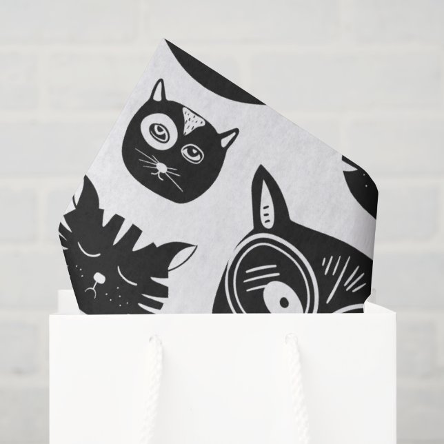 Cute Black and White Cat Faces Pattern Tissue Paper (Gift Bag)
