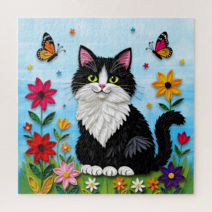 Cute Black and White Cat, Flowers and Butterflies Jigsaw Puzzle