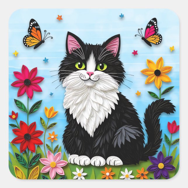 Cute Black and White Cat, Flowers and Butterflies Square Sticker (Front)