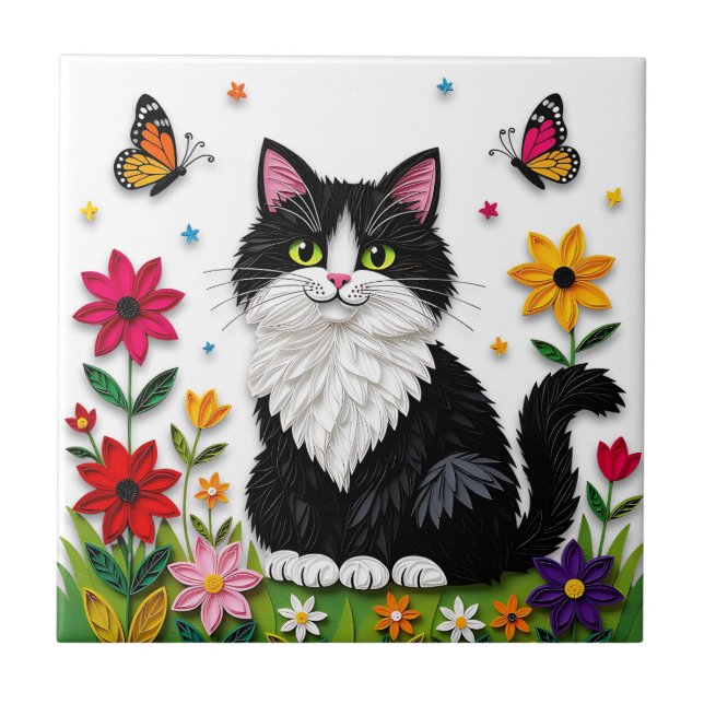 Cute Black and White Cat, Flowers and Butterflies Tile (Front)