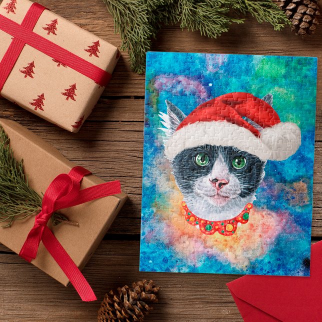Cute Black And White Cat Holiday Christmas Present Jigsaw Puzzle (Creator Uploaded)