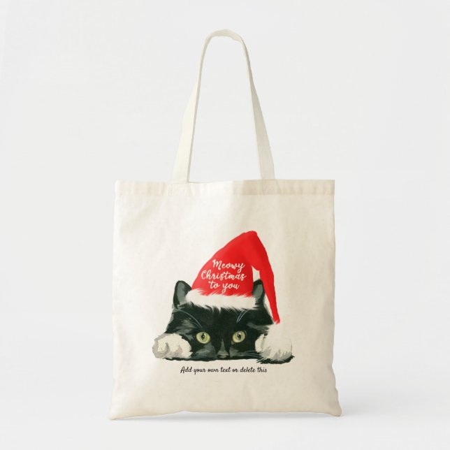 cute black and white cat meowy christmas tote (Front)