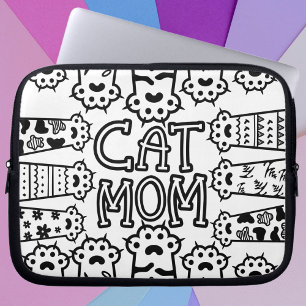 Cute Black and white cat mom with cat paws Laptop Sleeve