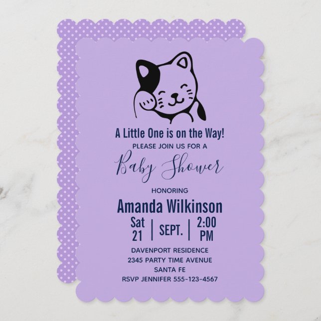 Cute Black and White Cat Waving -  Baby Shower Invitation (Front/Back)