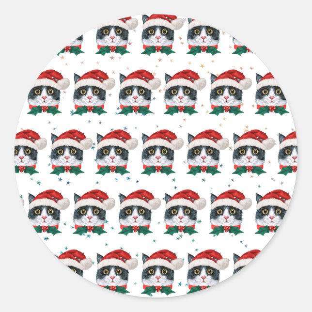 Cute Black and White Cat With Santa Hat Christmas Classic Round Sticker (Front)