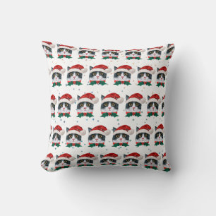 Cute Black and White Cat With Santa Hat Christmas Cushion