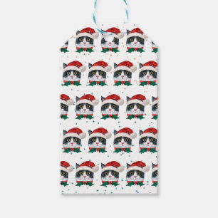 Cute Black and White Cat With Santa Hat Christmas Gift Tags
