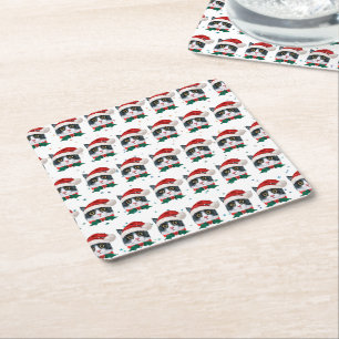 Cute Black and White Cat With Santa Hat Christmas Square Paper Coaster