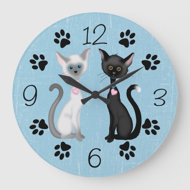 Cute Black and White Cats and Paw Prints on Blue Large Clock (Front)