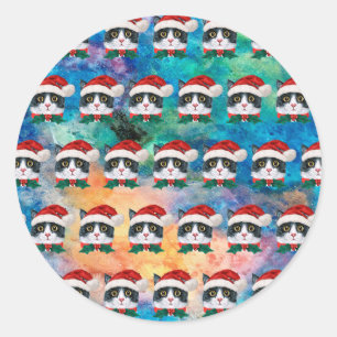Cute Black and White Christmas Cat Faces Pattern Classic Round Sticker