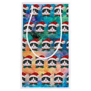 Cute Black and White Christmas Cat Faces Pattern Small Gift Bag