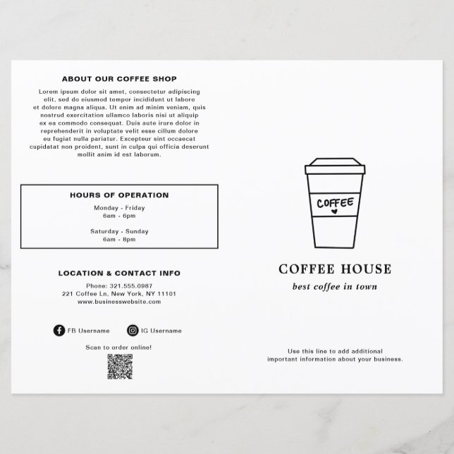 Cute Black and White Coffee Cup Coffee Shop Menu (Front)