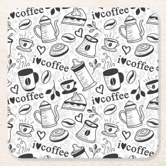 Cute Black and White Coffee Lovers I Love Coffee Square Paper Coaster (Front)