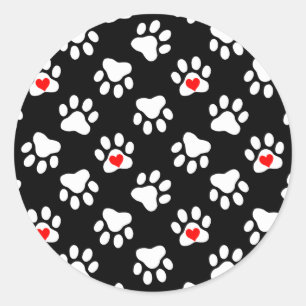 Cute Black and White Dog Paws With Hearts Pattern Classic Round Sticker