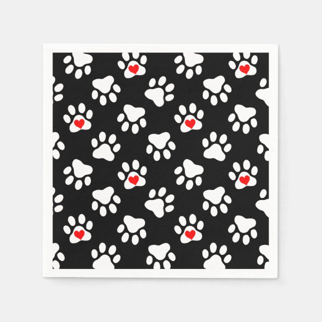 Cute Black and White Dog Paws With Hearts Pattern Napkin (Front)