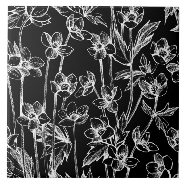 Cute Black and White Floral Botanical  Tile (Front)