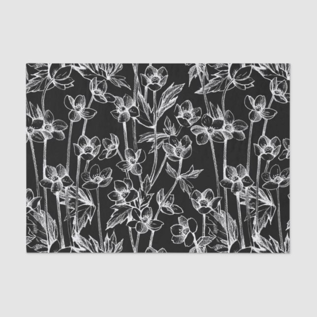 Cute Black and White Floral Botanical  Tissue Paper (Front)