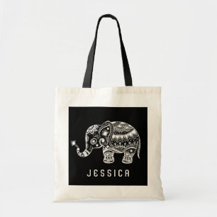 Cute Black And White Floral Elephant Tote Bag
