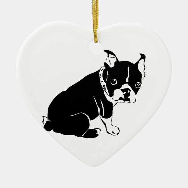 Cute Black and White French Bulldog Puppy Ceramic Tree Decoration (Front)