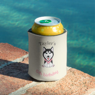 Cute black and white husky dog can cooler