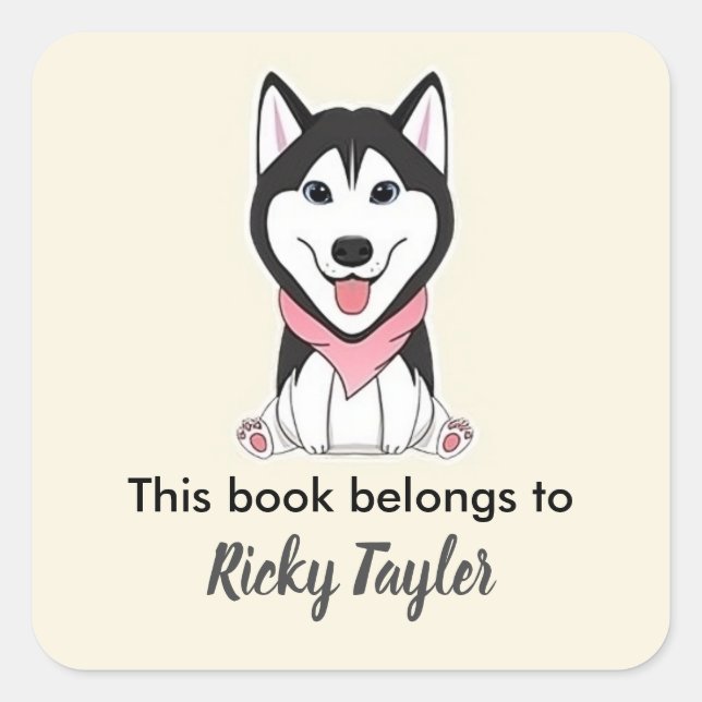 Cute black and white husky dog square sticker (Front)