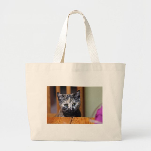 Cute Black and White Kitten Large Tote Bag (Front)