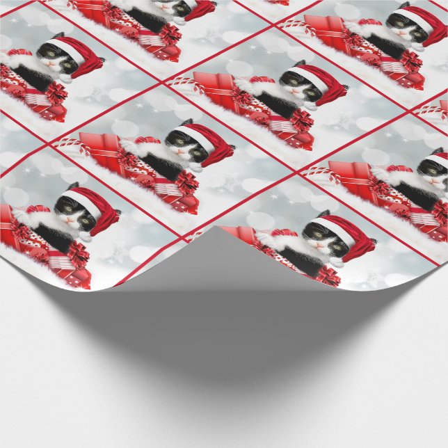 Cute Black and White Kitten Santa Christmas Wrapping Paper (Corner)