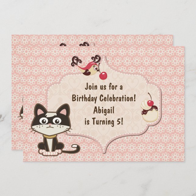 Cute Black and White Kitty Cat on Pink Birthday Invitation (Front/Back)