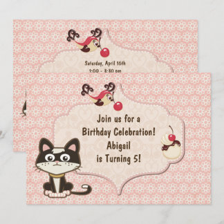 Cute Black and White Kitty Cat on Pink Birthday Invitation
