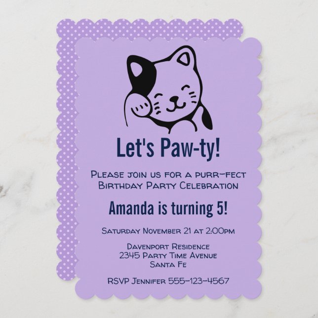 Cute Black and White Kitty Cat Waving -  Birthday Invitation (Front/Back)