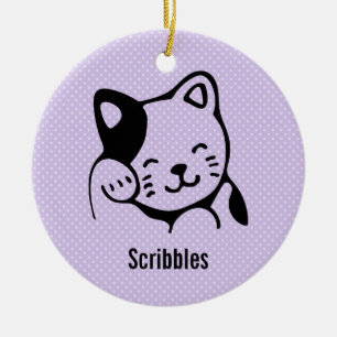 Cute Black and White Kitty Cat Waving Hello Custom Ceramic Tree Decoration