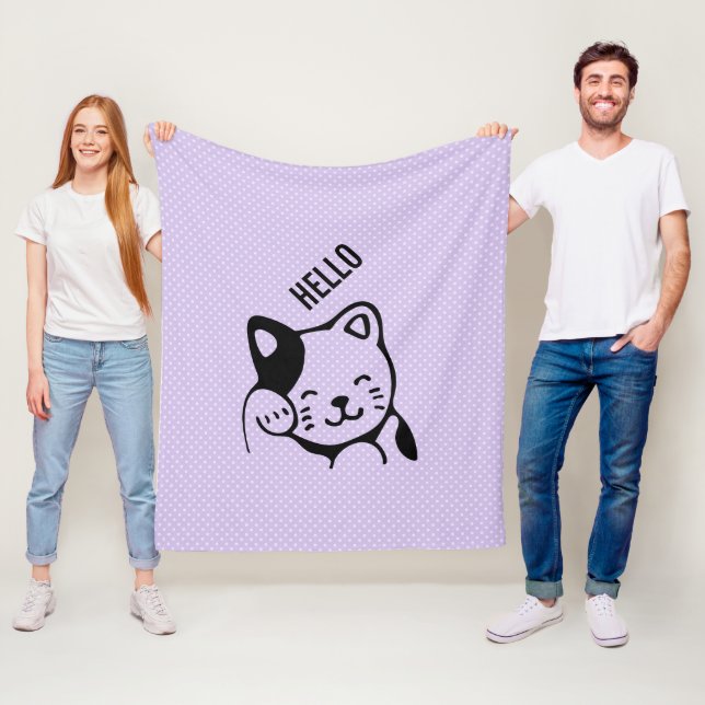 Cute Black and White Kitty Cat Waving Hello Fleece Blanket (In Situ)