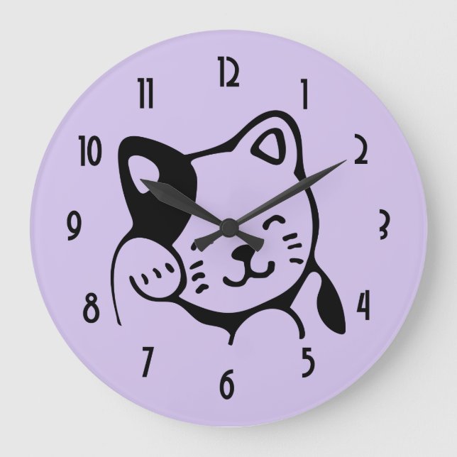 Cute Black and White Kitty Cat Waving Hello Large Clock (Front)