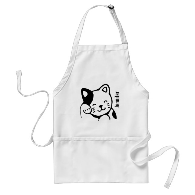 Cute Black and White Kitty Cat Waving Hello Standard Apron (Front)